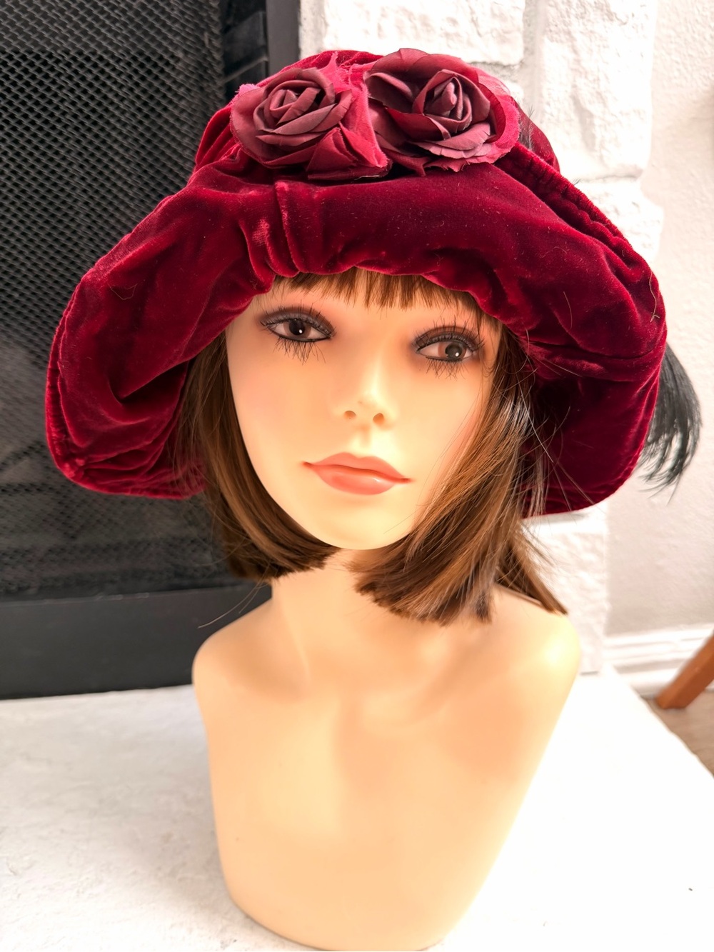 Vintage Red Velvet Picture Hat Black Feather Roses 100% Rayon Hong Kong 22.25”
